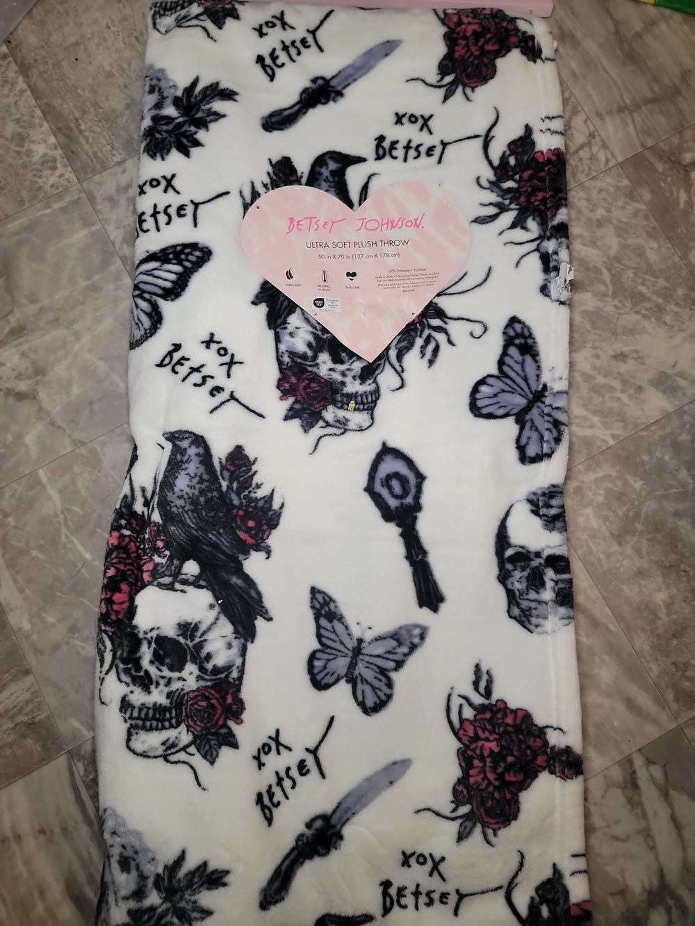 Betsey Johnson White Plush Throw with Black Skulls, Ravens & Pink Rose Accents